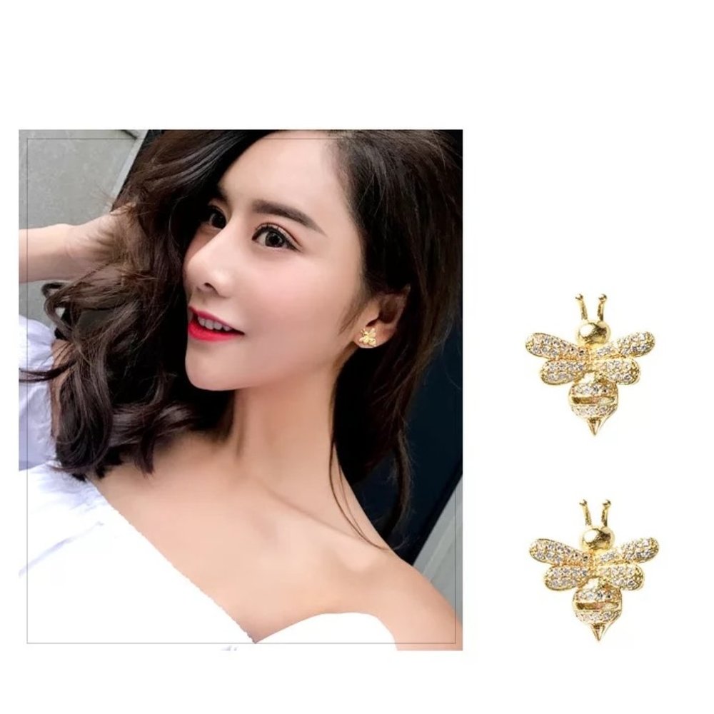 14k Gold Queen Bee Diamonds Stud Earrings Sterling Silver - Picture 6 of 12
